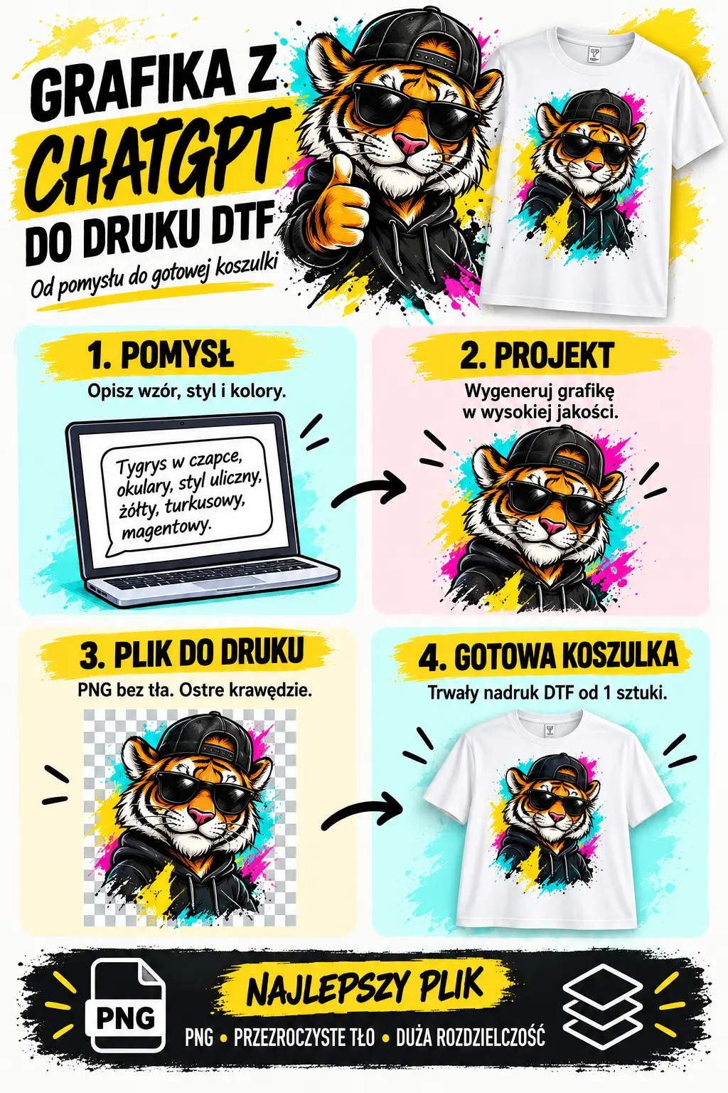 Infografika pokazująca cztery etapy przygotowania grafiki z ChatGPT do druku DTF na koszulce